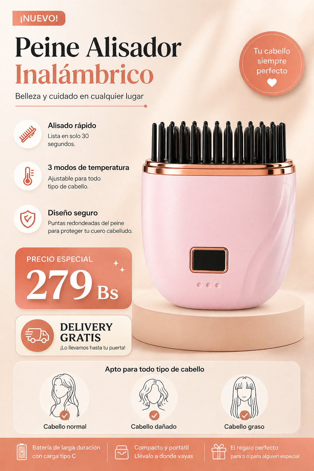 Mini peine alisador de cabello inalámbrico